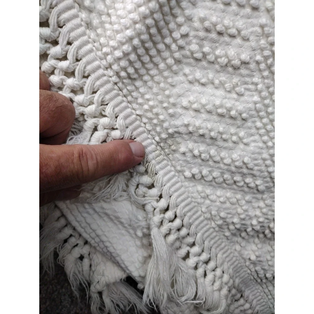 Fringed Chenille Medallion Bedspread Mid Century Off White Cotton 76 x 109 King